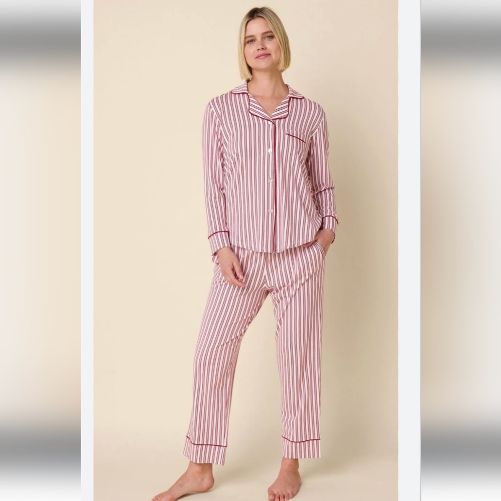 The Cat's Pajamas White Burgundy Stripes Mother Pearl Buttons Pima Cotton Small